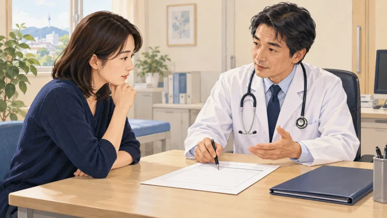 가상의 일본 클리닉에서 의료진과 성인 방문객이 복용약 목록과 처방 상담 자료를 검토하는 일러스트